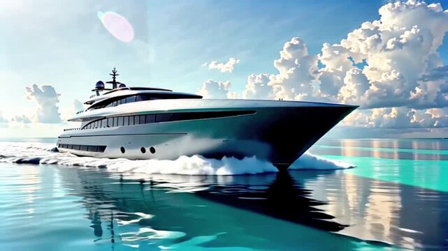 A luxurious yacht sailing on calm waters, surrounded by a serene and picturesque environment. The boat is sleek and modern, with a dark hull and a light-colored superstructure.