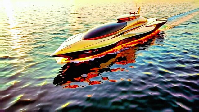 A luxurious, sleek, yellow and black boat floating on calm, reflective water, casting a vibrant reflection.