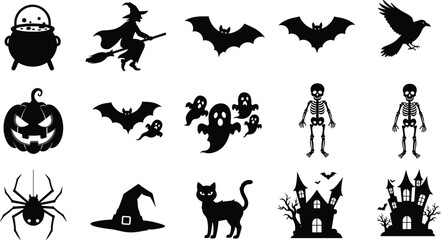 Halloween silhouettes, spooky icons, witch vector, ghost illustration, pumpkin design, haunted house, bat graphic, skeleton art, spider web, black cat