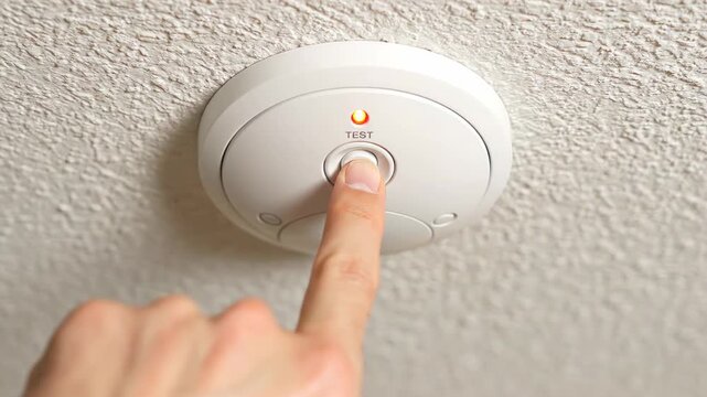 Hand from a person is shown pressing the test button of a smoke alarm attached to the ceiling of a home. This image illustrates the importance of fire safety checks and maintenance procedures