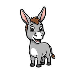 A cute cartoon depiction of a gray donkey, standing and smiling.