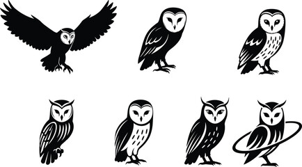 Owl silhouettes, bird vector, nocturnal animal illustration, wildlife design, forest graphic, raptor art, symbolic owl, perched bird, flying owl, nature artwork