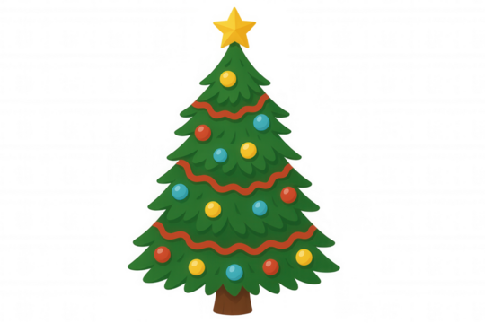 Cartoon christmas tree with a golden star, red garland, and festive baubles, celebrating winter holidays. Transparent background