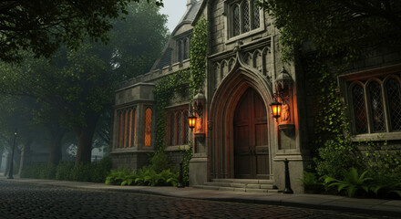 Gothic Architecture Building Entrance with Lanterns and Trees.