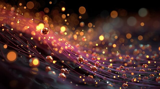Beautiful abstract background featuring glowing golden bokeh particles and copper spheres floating on waving purple strings in a slow and relaxing motion over a dark, elegant backdrop