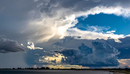 A dramatic sky over a calm seascape with rolling clouds, vibrant colors, and a hint of land