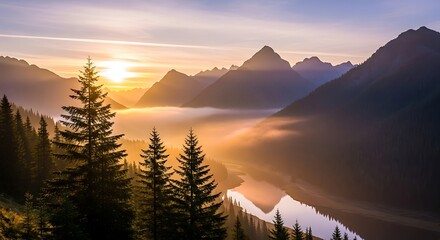 A tranquil mountain vista at sunrise, showcasing a serene valley with a placid lake, surrounded by towering evergreen trees and peaks bathed in warm golden light.