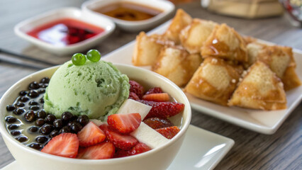 Bingsu with matcha ice cream, strawberries, tapioca pearls, and fried wontons