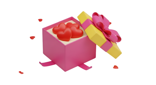 Open Gift Box Filled with Red Hearts and Pink Bow