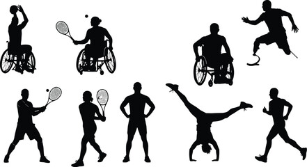 Inclusive sports silhouettes featuring athletes with disabilities, wheelchair basketball, prosthetic running, adaptive tennis, diversity, accessibility, and active lifestyle vector illustration