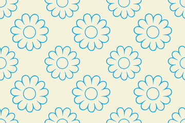 Vector art of minimalist seamless pattern of outline blue flowers with textured petals on a light cream background, simple and elegant floral motif