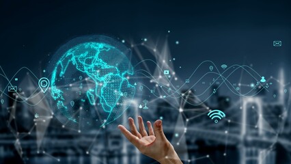 A hand extends towards a glowing digital globe surrounded by icons symbolizing connectivity and data, illustrating the concept of global digital communication and technology. Xenic