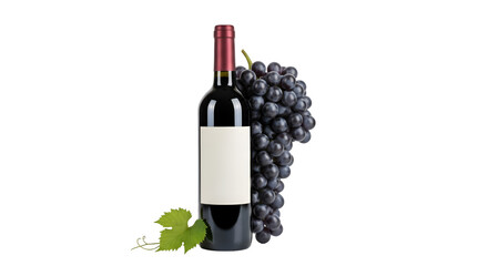 Red Wine Bottle with Grapes and Leaf on Black Background