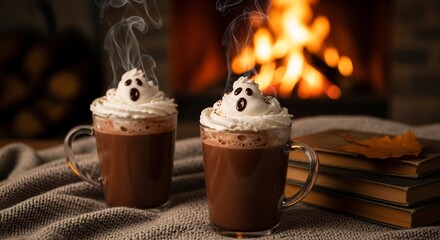 Halloween hot chocolate with ghost-shaped whipped cream near the fireplace. Cozy autumn holiday drinks.  Perfect for seasonal promotions, greeting cards, or blog posts.