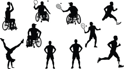 Inclusive sports silhouettes featuring athletes with disabilities, wheelchair basketball, prosthetic running, adaptive tennis, diversity, accessibility, and active lifestyle vector illustration