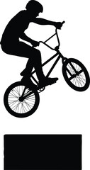 Obraz premium Silhouette of BMX rider performing jump stunt on bicycle over obstacle, extreme sport action, freestyle cycling tricks, urban adventure vector illustration.
