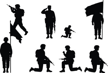 Silhouette soldiers with rifles in various military poses holding flags, saluting, kneeling, marching, standing guard, battlefield army vector illustration.