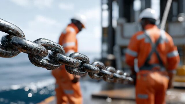black African engineer in safety uniform and helmet is working on the deck of a large ship in the middle of the vast ocean, surrounded by endless blue water and horizon.