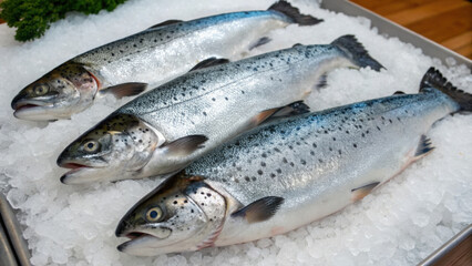 Three fresh raw salmon fishes on crushed ice ready to be cooked or grilled