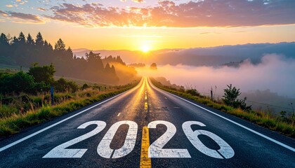 Straight road leads into vibrant sunrise, symbolizing hope and new beginnings for year 2026