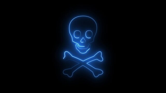 Neon skull crossbones icon animation, flickering emergence and fading. Glowing neon jolly roger sign, looped animation. Pirate skull emoji, corsair cranium, danger, death warning, skeleton.