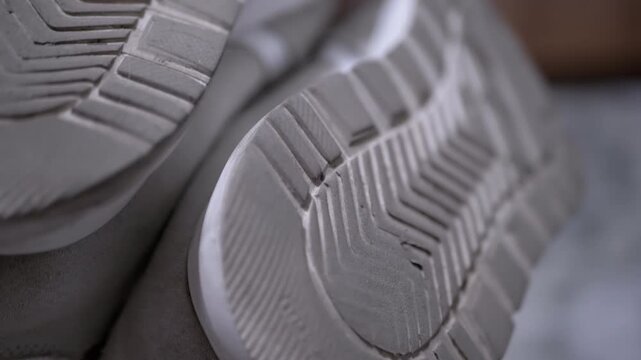 Detailed close-up of the worn soles of a pair of gray sneakers, showing the tread pattern and signs of wear. Ideal for footwear, lifestyle, and product-related projects.