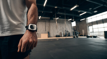 Person wearing a smartwatch in a gym setting, focusing on fitness technology and active lifestyle
