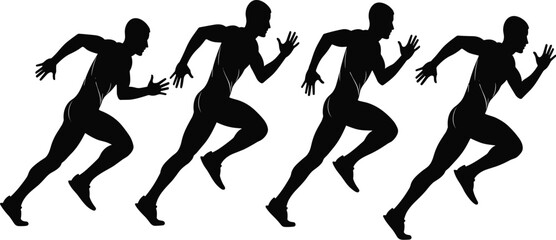 Sequence of running silhouettes showing sprint motion stages, dynamic athlete vector illustration for sports, fitness, training, biomechanics, and motion analysis themes