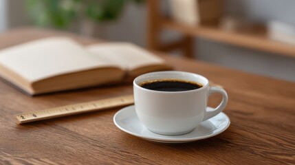 Cozy Workspace with Coffee Cup and Open Notebook on Wooden Table in Bright Environment