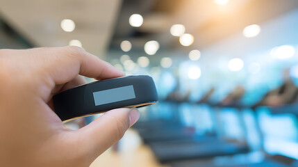 Hand holding a fitness tracker in a gym setting with treadmills in the background