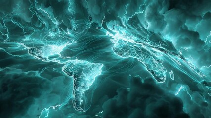 Futuristic cyan world map with glowing continents and intricate lines representing global network connections, internet traffic, and data flow through a cloudy, abstract technological background - Powered by Adobe