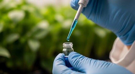 Scientist in blue gloves adds blue liquid to a small vial with plants in background