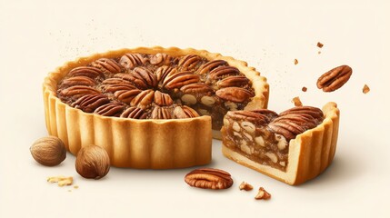 Pecan pie with nuts and caramel filling on beige background  