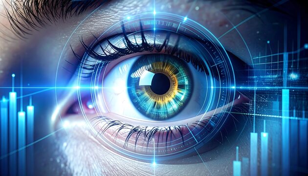 A macro shot of a human eye with digital overlays, bars, and lines suggesting technology and analysis - Powered by Adobe