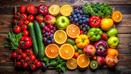 Vibrant assortment of fresh fruits and vegetables including oranges, apples, grapes, and tomatoes on wooden surface