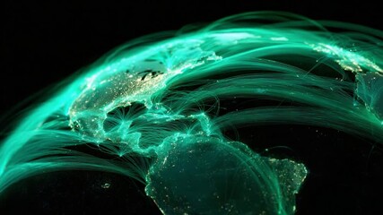 Bright cyan lines representing financial connections, social media, big data, and communication streams spreading across the planet Earth, viewed from space over North and South America - Powered by Adobe