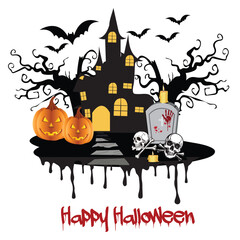 Spooky Halloween Scene with Haunted House, Pumpkins, and Bats