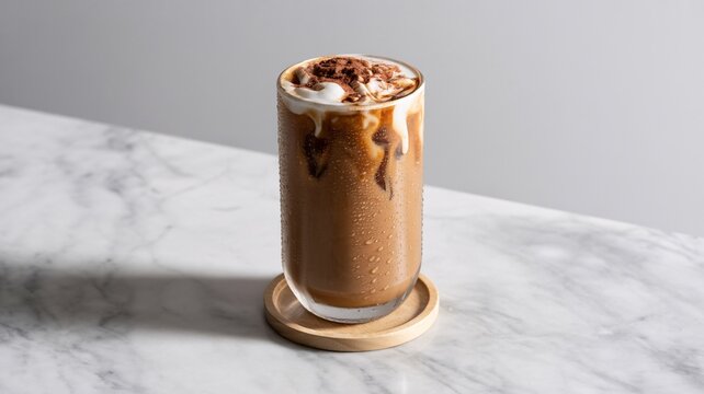 Iced coffee with whipped cream and cocoa powder on a wooden coaster beverage drink