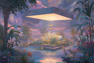 A surreal digital artwork of a vibrant floating garden island illuminated by a large suspended glowing structure in dreamy pastel tones.