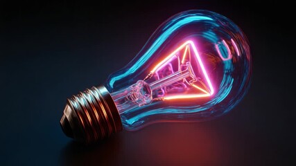 Vibrant glass light bulb with a glowing triangular filament, symbolizing new ideas, innovation, and creative thinking, illuminates a dark background with brilliant blue and pink neon light - Powered by Adobe