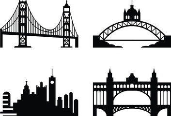 Bridge and city skyline silhouettes, architectural landmarks, urban design, suspension bridge, arch bridge, famous buildings, historical architecture, cityscape illustration, travel landmarks
