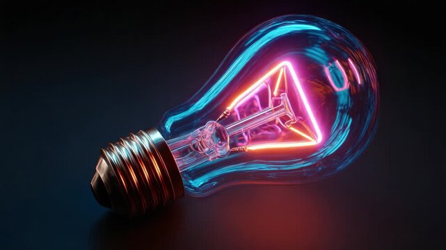 Vibrant glass light bulb with a glowing triangular filament, symbolizing new ideas, innovation, and creative thinking, illuminates a dark background with brilliant blue and pink neon light