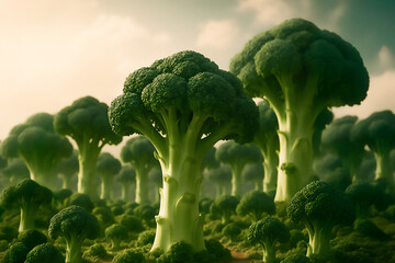 Wald aus Brokkoli im Morgennebel - Fantasievolle Naturillustration mit Wegen zwischen B&auml;umen aus Brokkoli