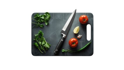 A dark cutting board displays fresh herbs, tomatoes, lemon, garlic, and a sharp knife, ready for culinary preparation.