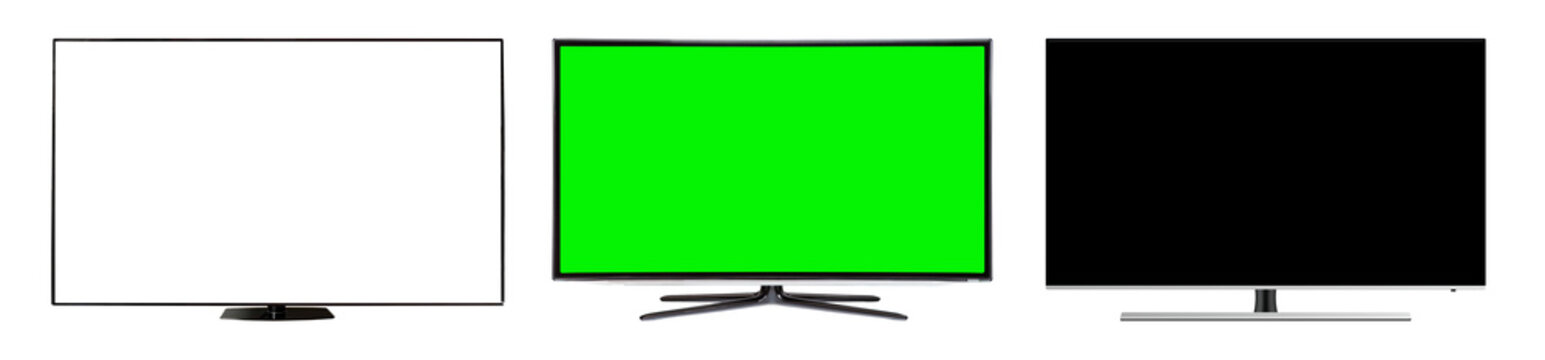 Green screen smart tv with grey background color for mockup template. Set with green, white and black screen.