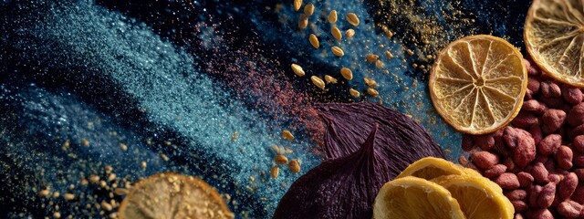 Vibrant Display of Colorful Spices and Dried Fruits on Dark Background