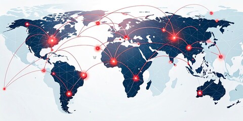 Global network connections over the globe 3D rendering elements of this image furnished World map with red network connections. Global communication concept.