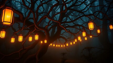 Illuminated lanterns hanging from tree branches in a dark mysterious forest at night scene setting