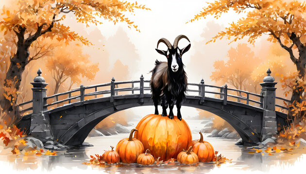 Black goat standing pround on a small hill of pumpkins! In front of a bridge