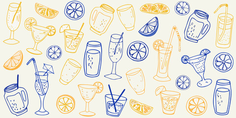 Hand drawn summer drinks and citrus slices in a playful doodle pattern